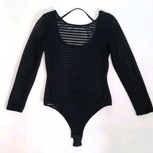 Sheer Striped Bodysuit Black